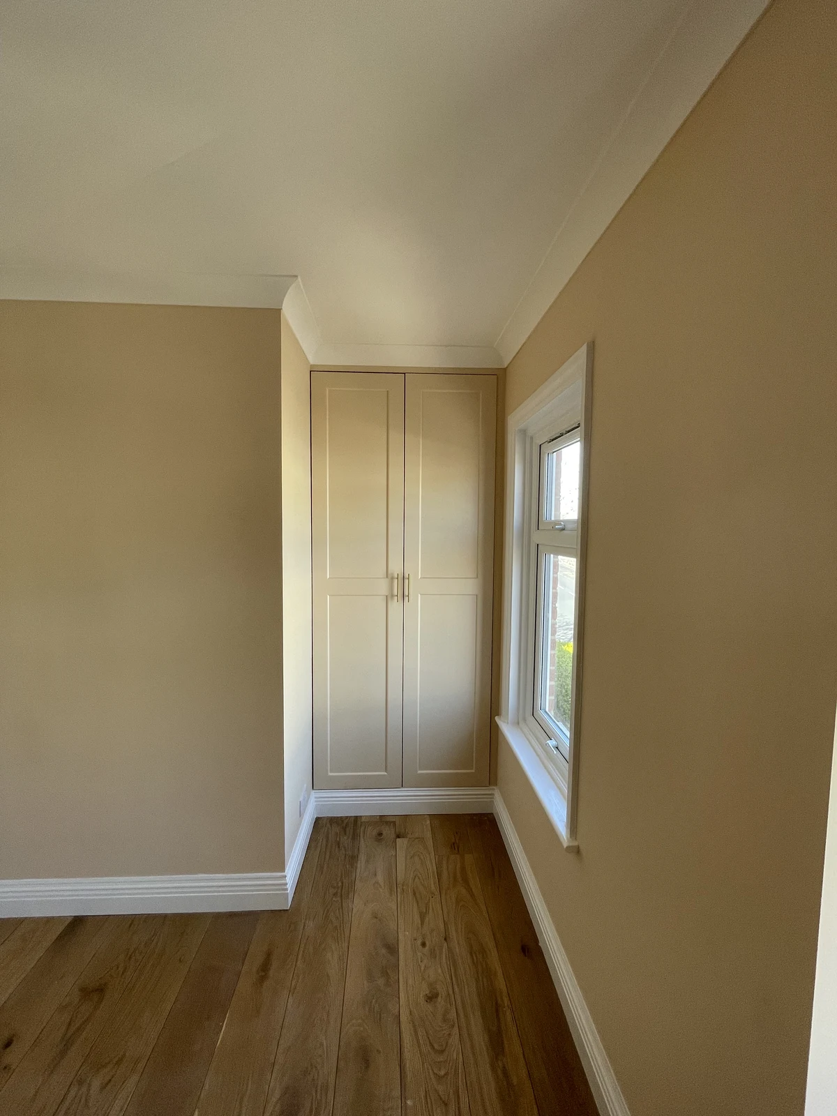 Fitted cupboard beside the bedroom window.