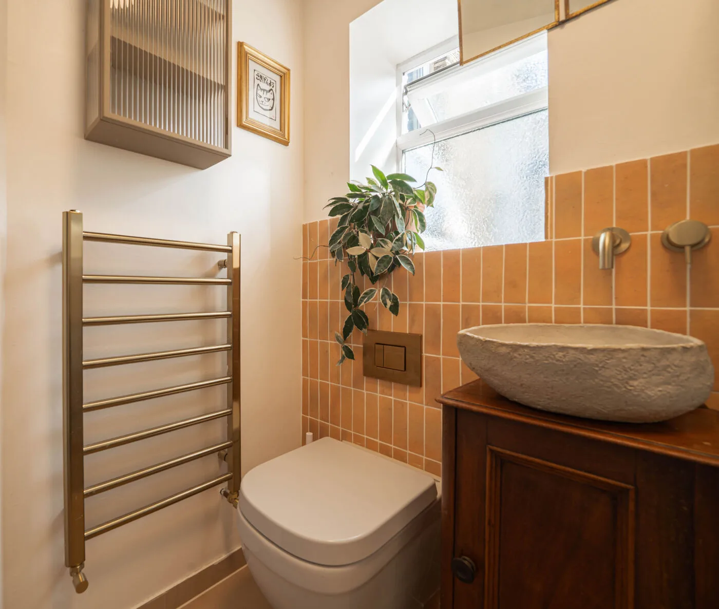 Wall-hung toilet, timber vanity and heated towel rail