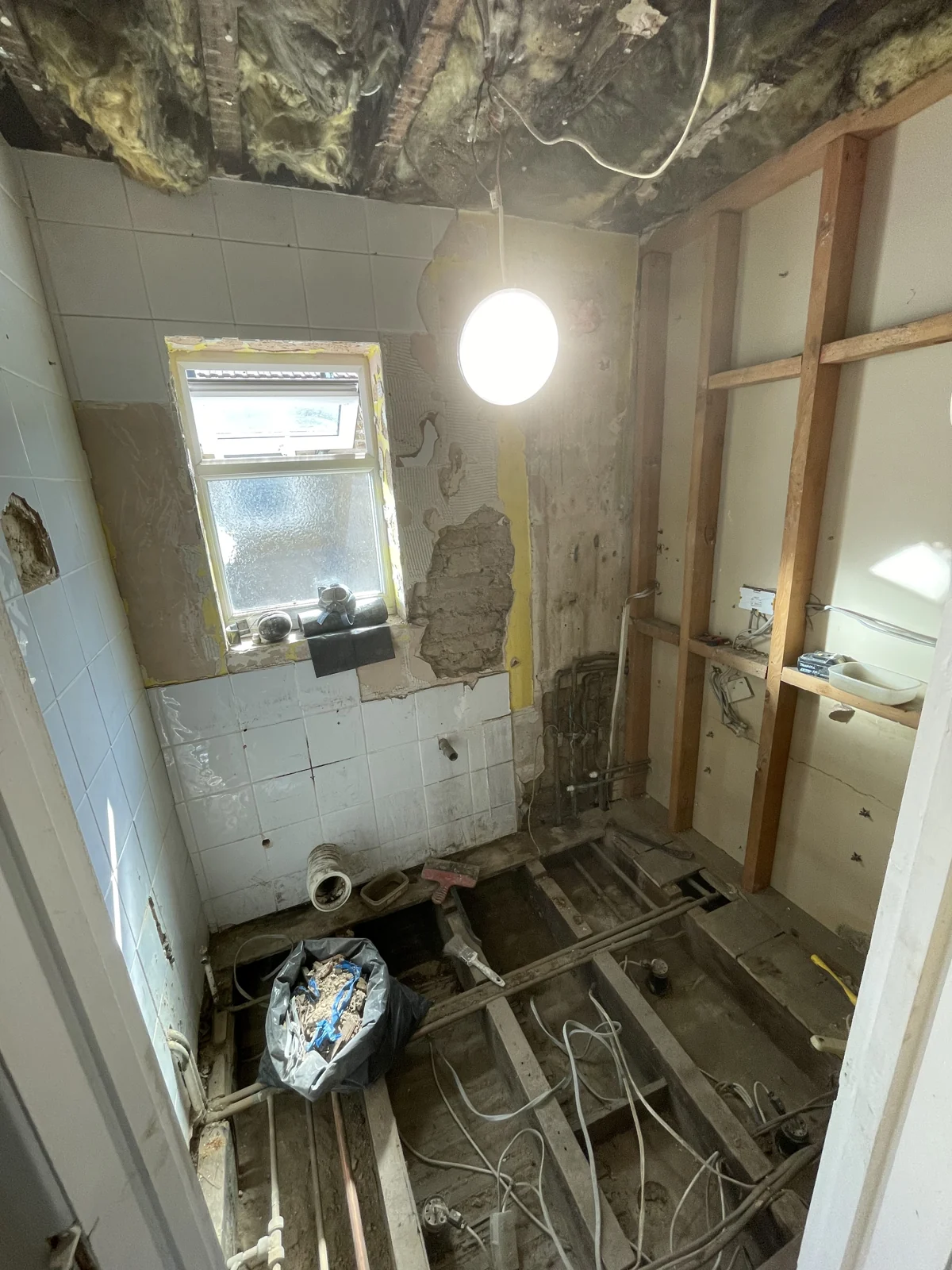 Bathroom stripped out, exposing the floor joists and wall framing
